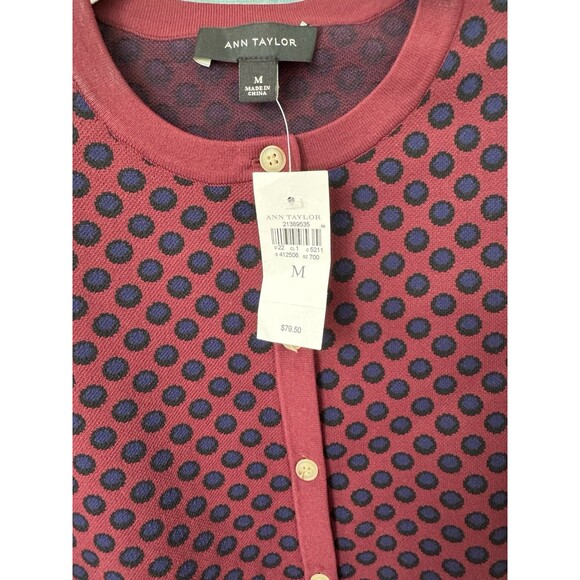 Ann Taylor Burgundy Polka Dot Cardigan Button Up M Nylon Sweater NWT - Picture 2 of 7
